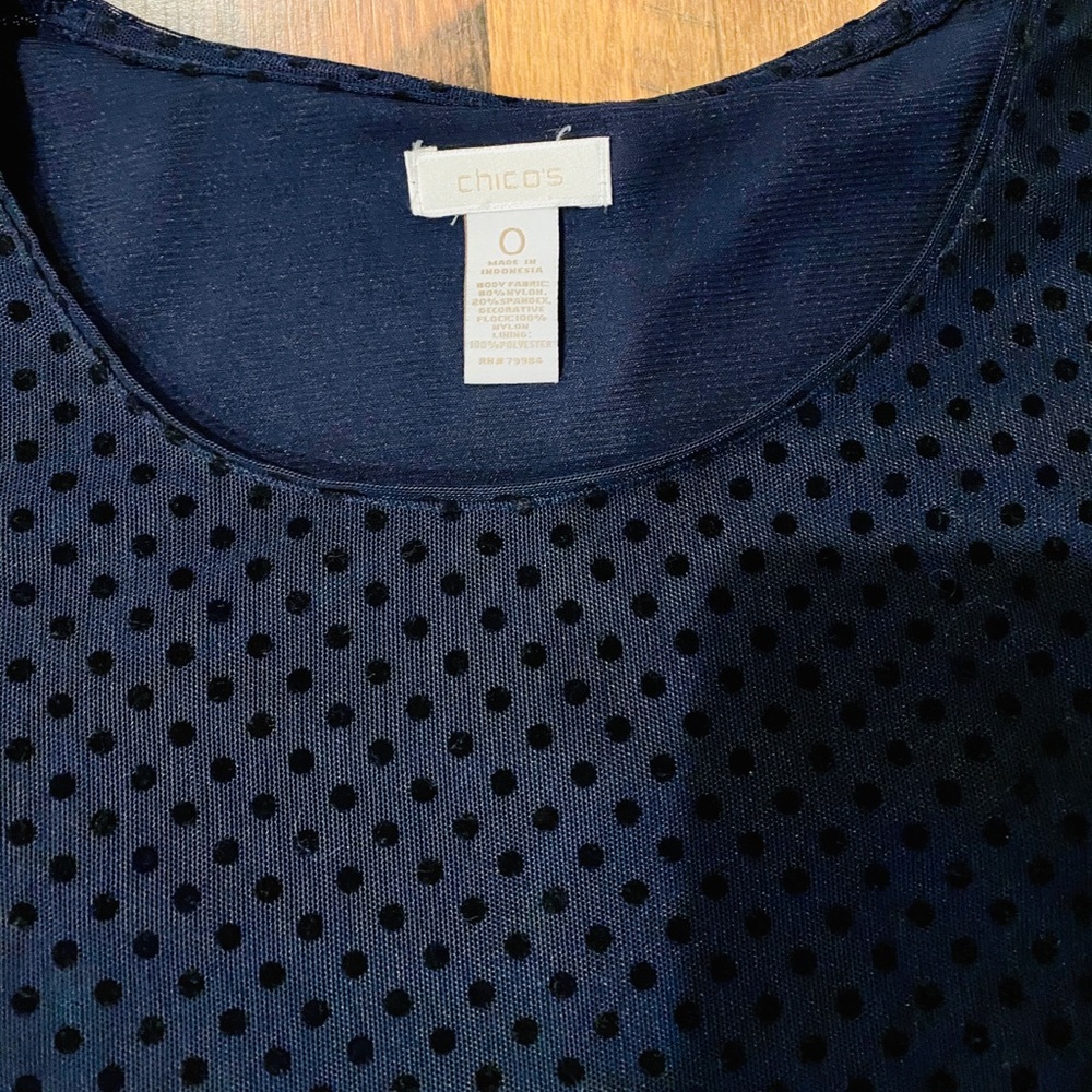 CHICO'S Navy Blue Polka Dot Mesh Sleeve Blouse - Picture 2 of 4